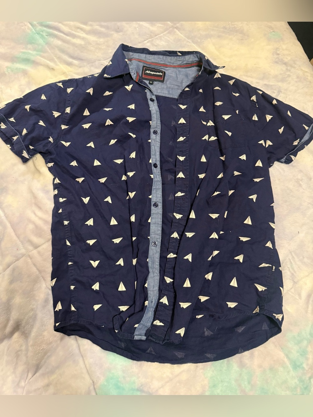 Aeropostale Navy Short Sleeve Button-Down Shirt with White Paper Plane Print